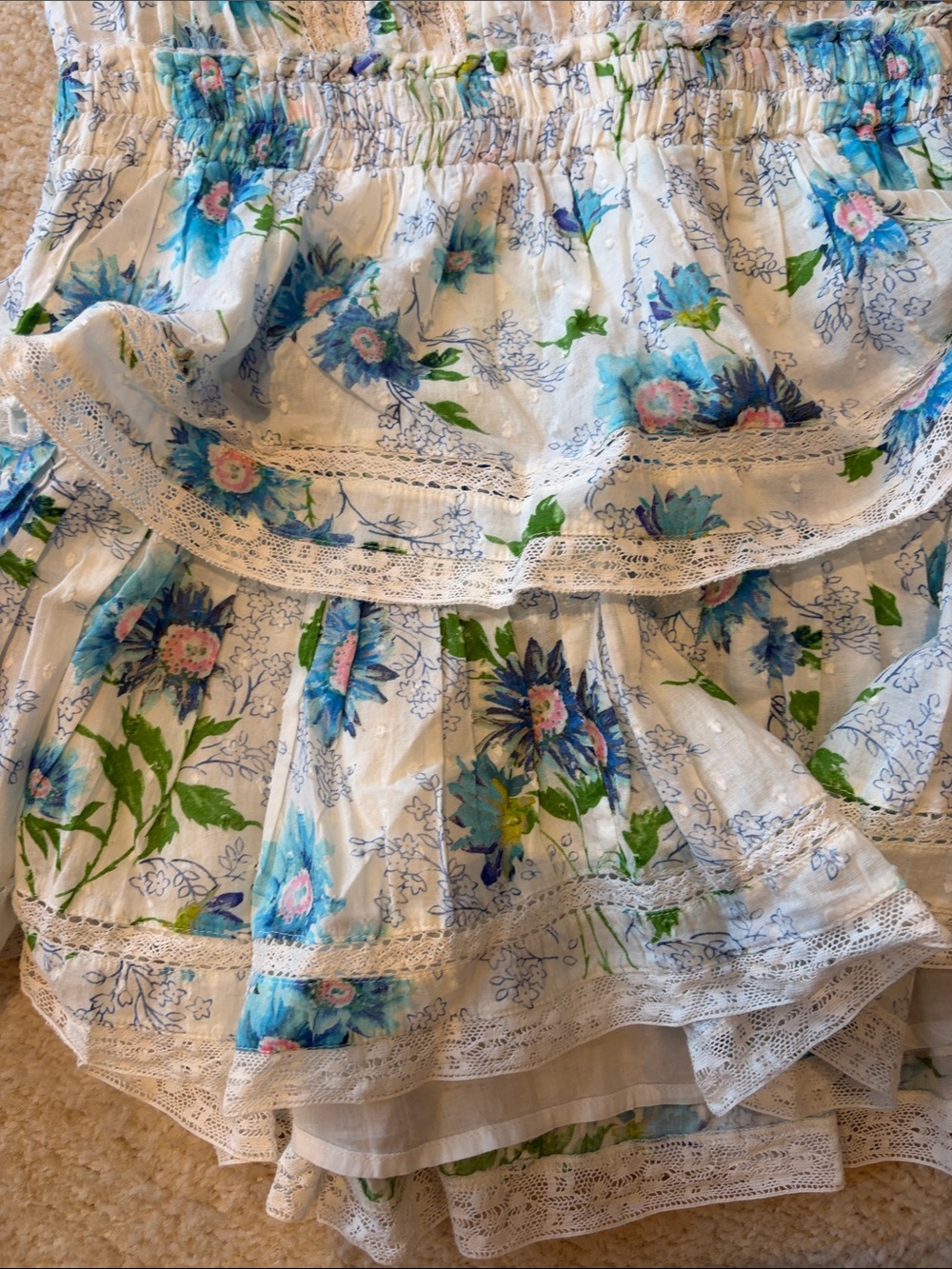 LoveShackFancy White Mini Dress with Blue Floral Print and Green Leaf Accents - Picture 4 of 8